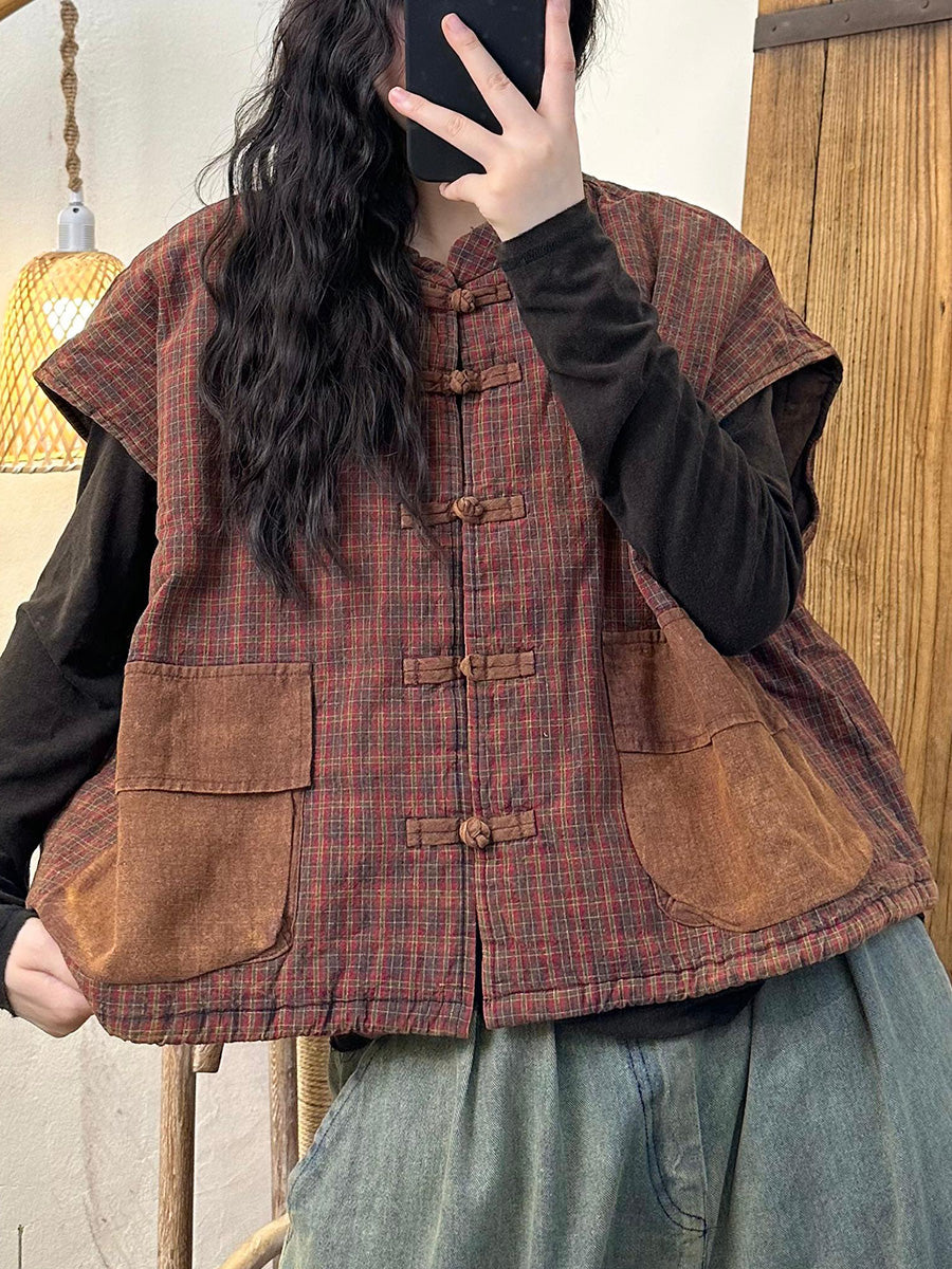 Gilet en coton à col rond et à carreaux ethniques pour femme AK1046