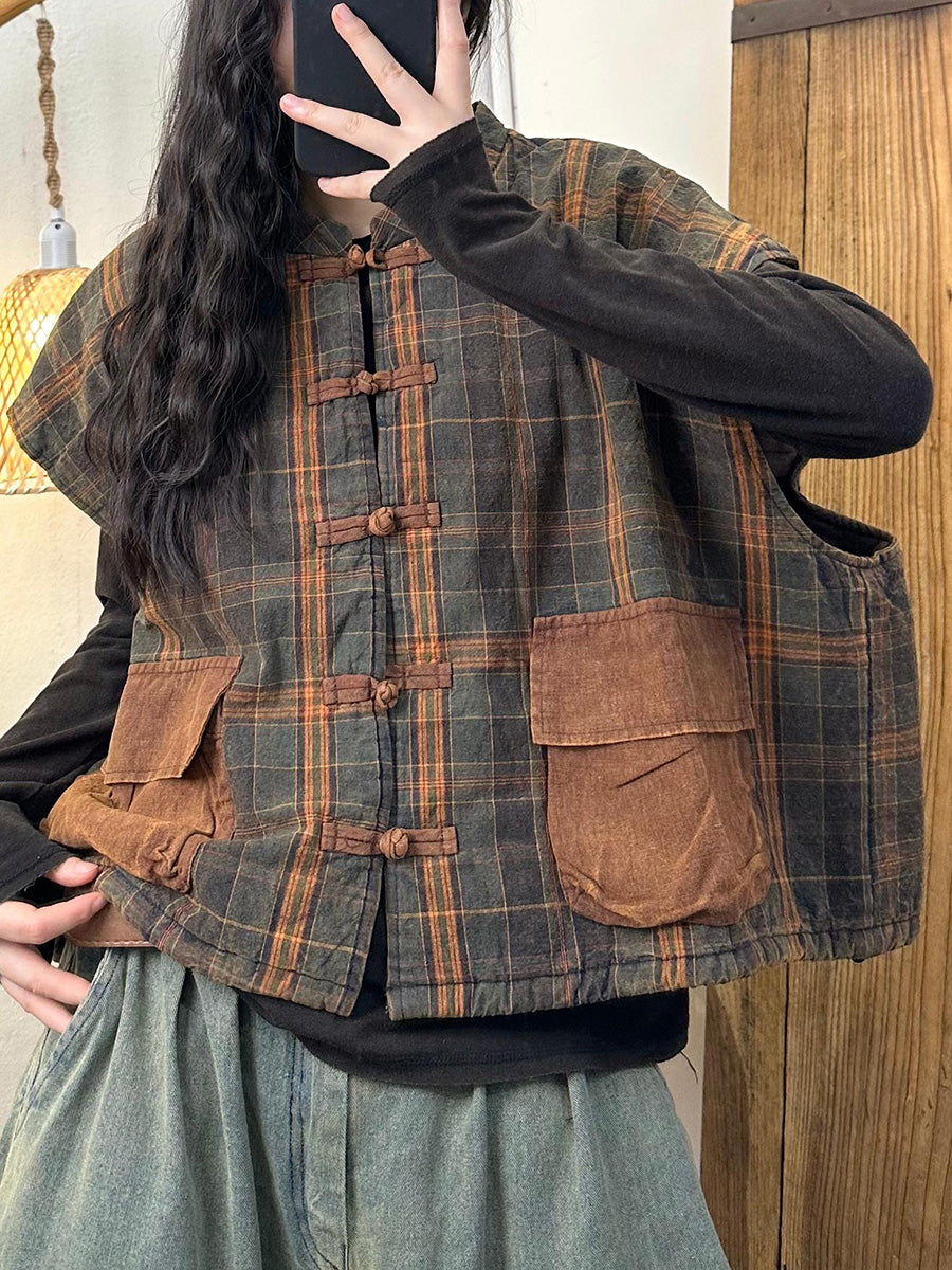 Gilet en coton à col rond et à carreaux ethniques pour femme AK1046