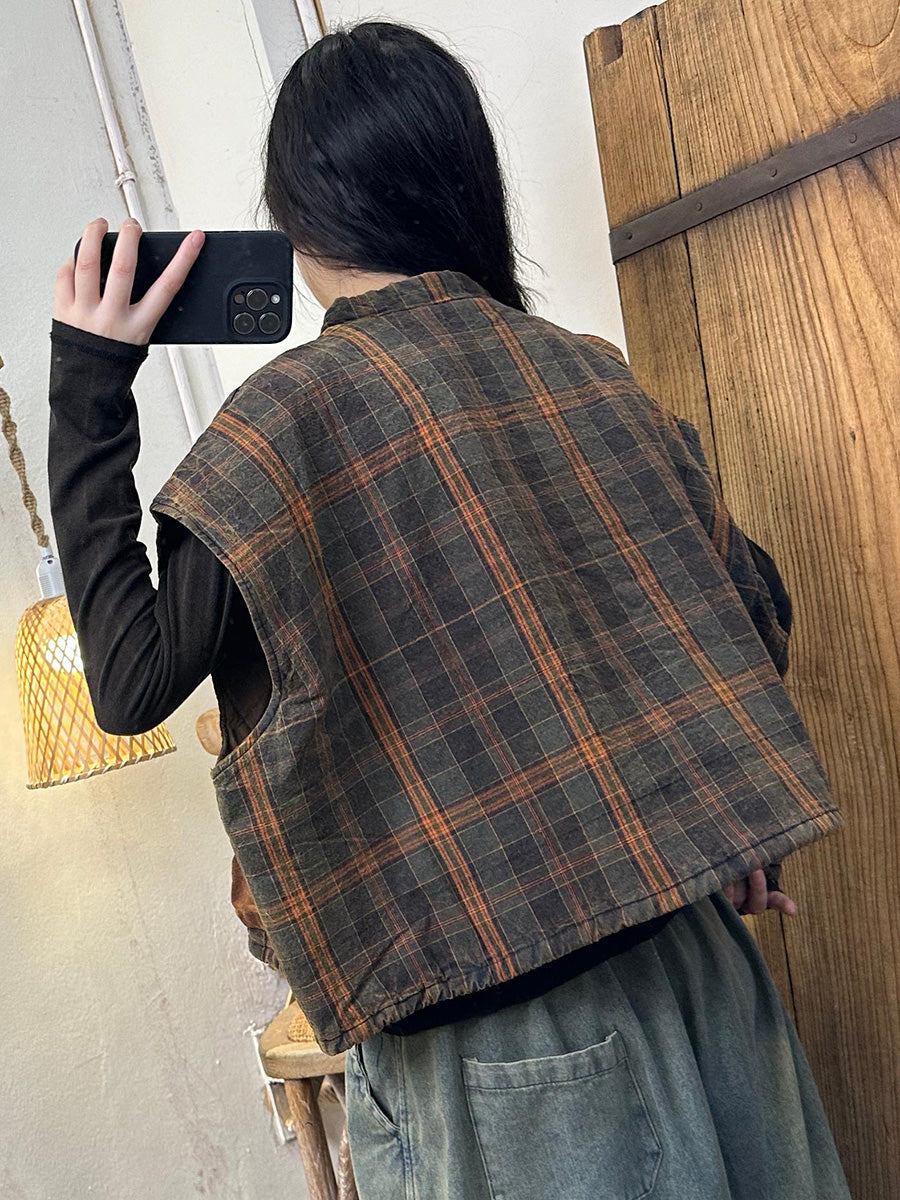 Gilet en coton à col rond et à carreaux ethniques pour femme AK1046