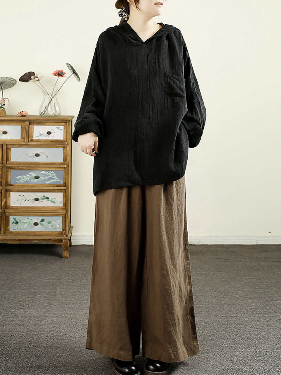 Damen Herbst Artsy Reine Farbe Kapuzen Leinen Hemd AK1039