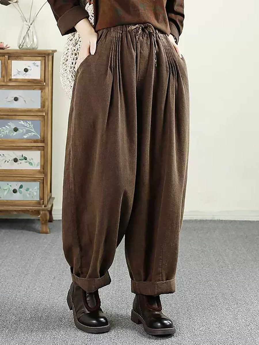 Pantalon sarouel en lin froncé uni vintage pour femme, automne AV1014
