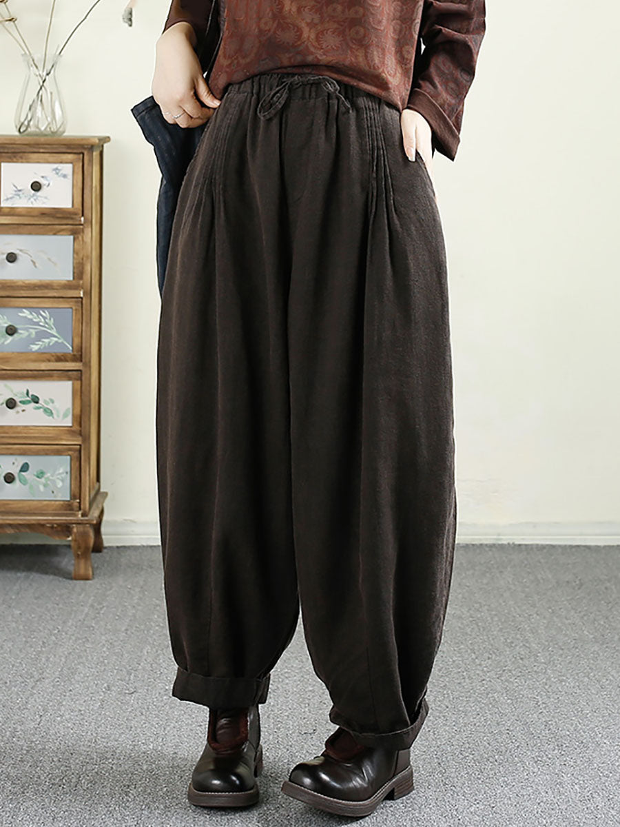 Pantalon sarouel en lin froncé uni vintage pour femme, automne AV1014