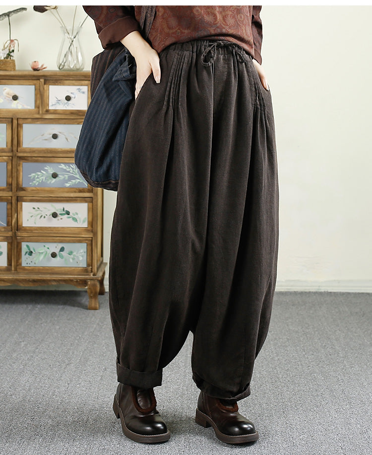 Pantalon sarouel en lin froncé uni vintage pour femme, automne AV1014