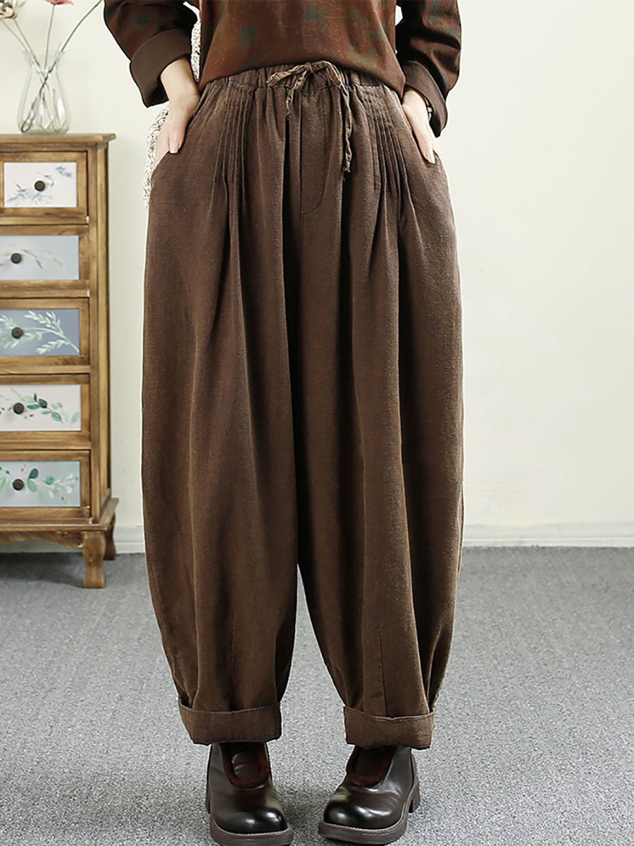 Pantalon sarouel en lin froncé uni vintage pour femme, automne AV1014