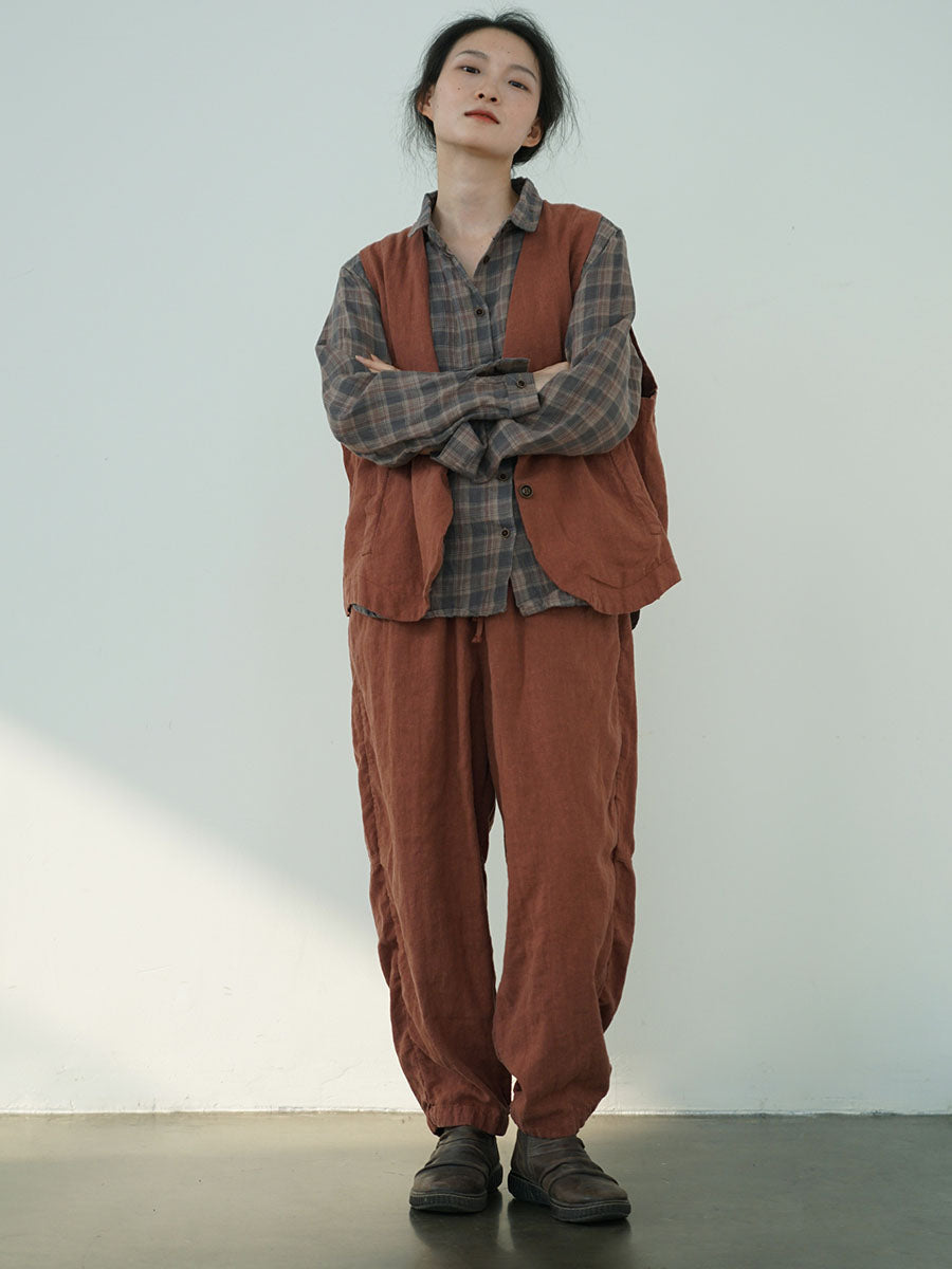 Pantalon ample en lin uni vintage pour femme, automne AV1030