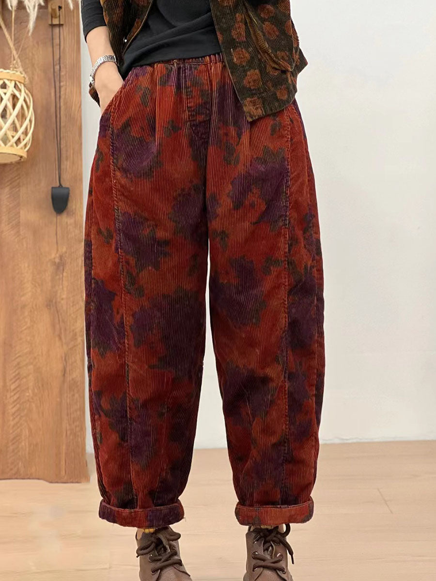 Pantalon sarouel rétro en velours côtelé pour femme, motif floral, automne AV1054
