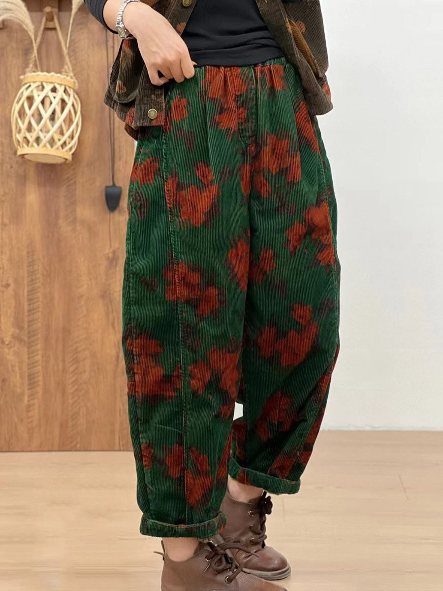 Pantalon sarouel rétro en velours côtelé pour femme, motif floral, automne AV1054