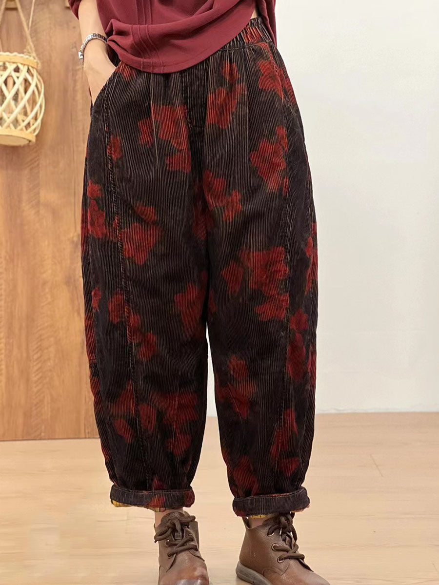 Pantalon sarouel rétro en velours côtelé pour femme, motif floral, automne AV1054