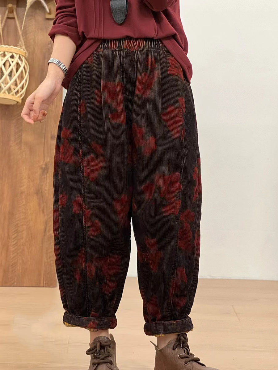 Pantalon sarouel rétro en velours côtelé pour femme, motif floral, automne AV1054