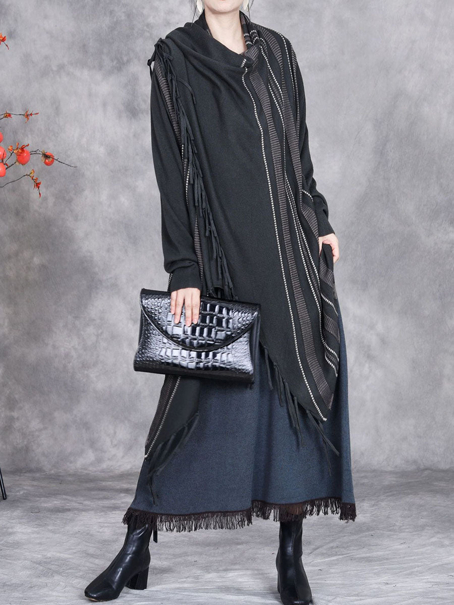 Damen Herbst Artsy Streifen Gestrickter Quasten Cardigan Mantel AV1049