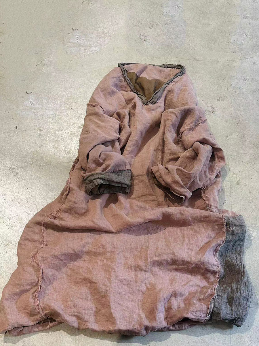 Damen Retro Herbst Colorblock Leinen Robe Kleid AV1065