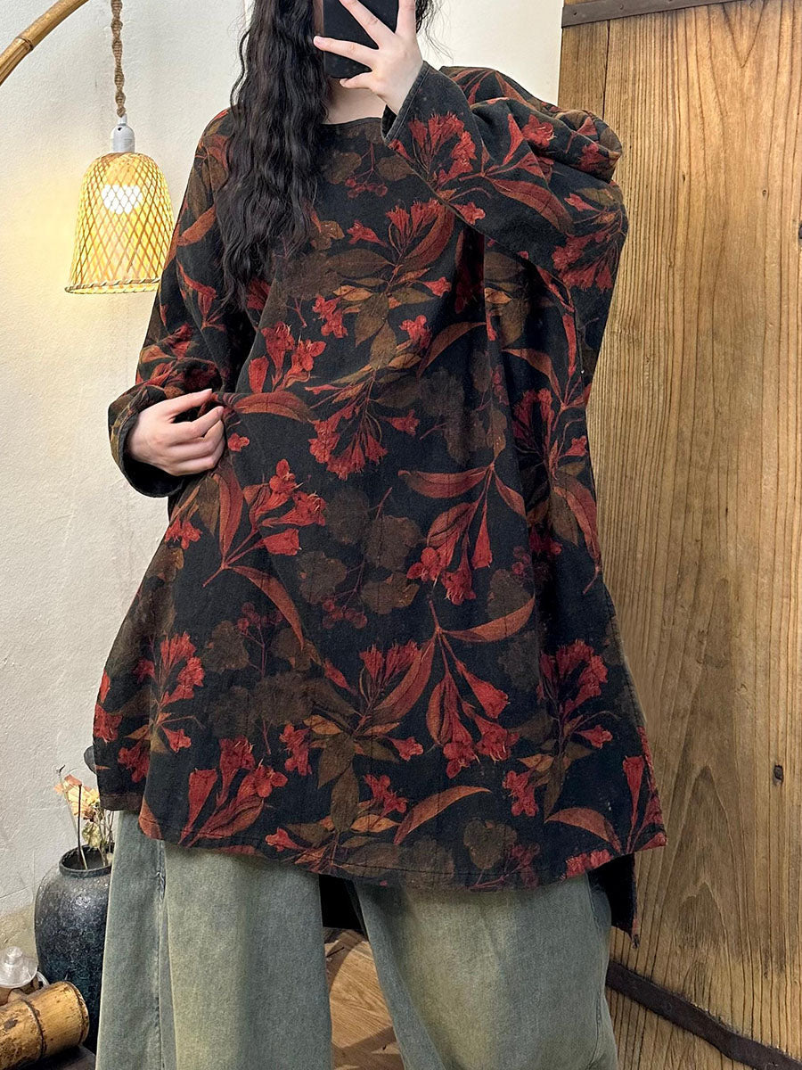 Women Retro Autumn Flower O-Neck Cotton Long Blouse AV1066