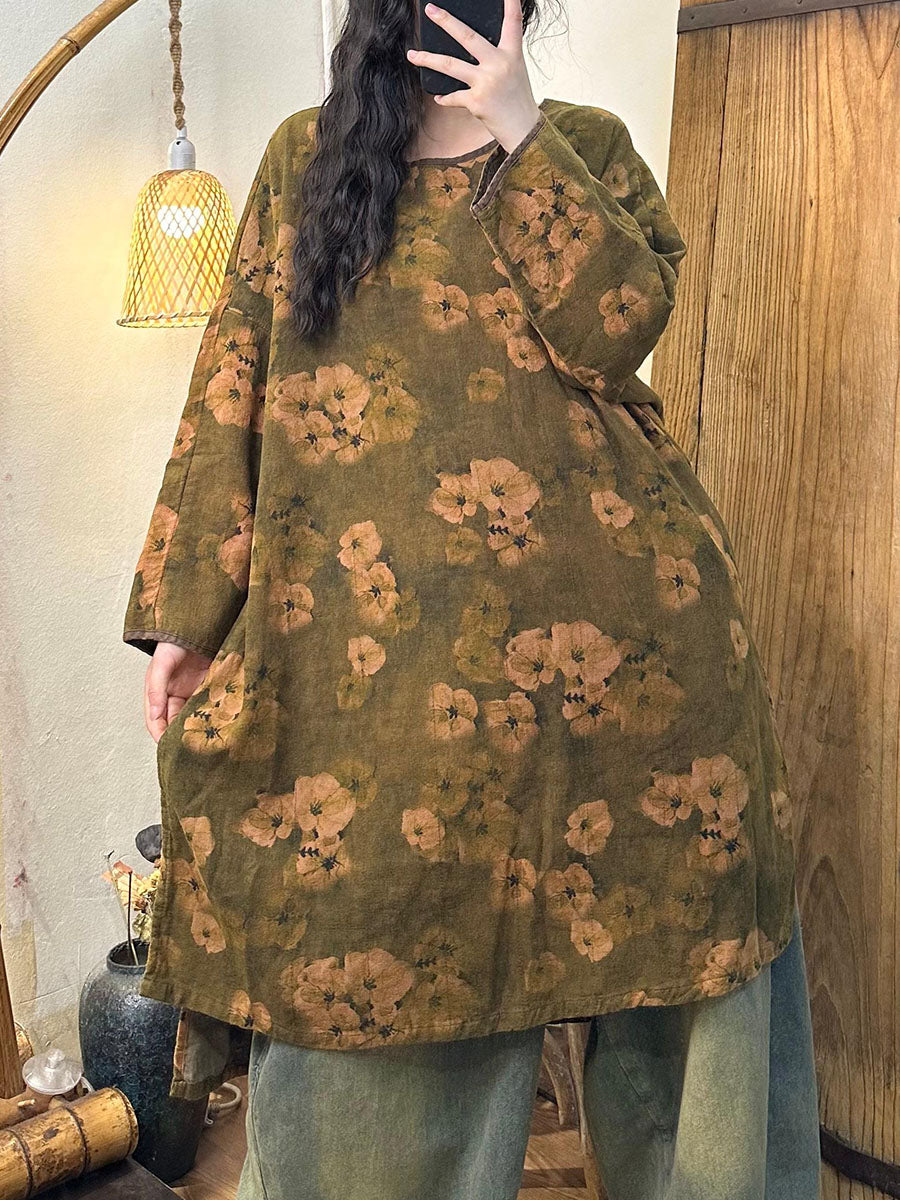 Women Retro Autumn Flower O-Neck Cotton Long Blouse AV1066