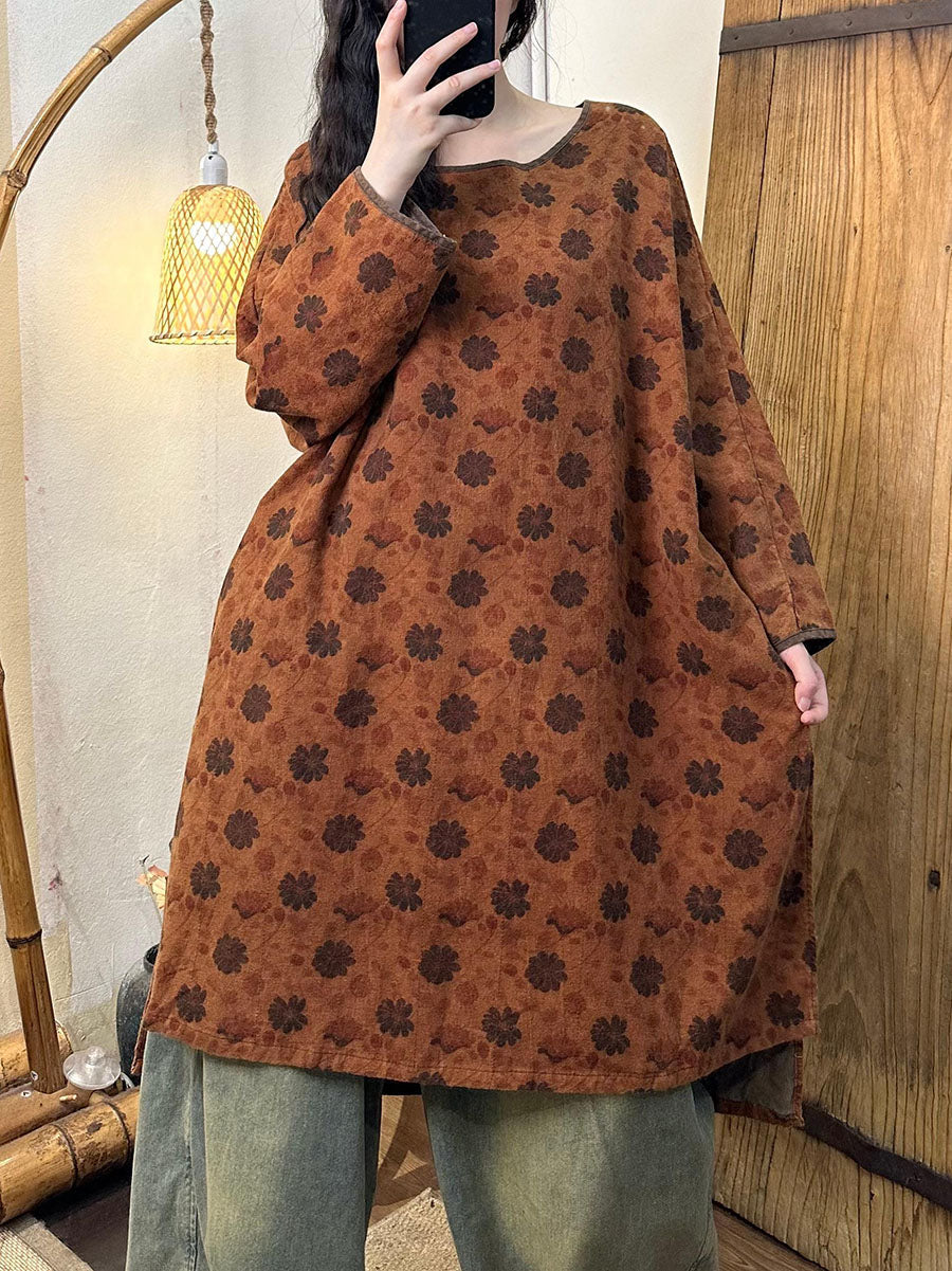 Women Retro Autumn Flower O-Neck Cotton Long Blouse AV1066