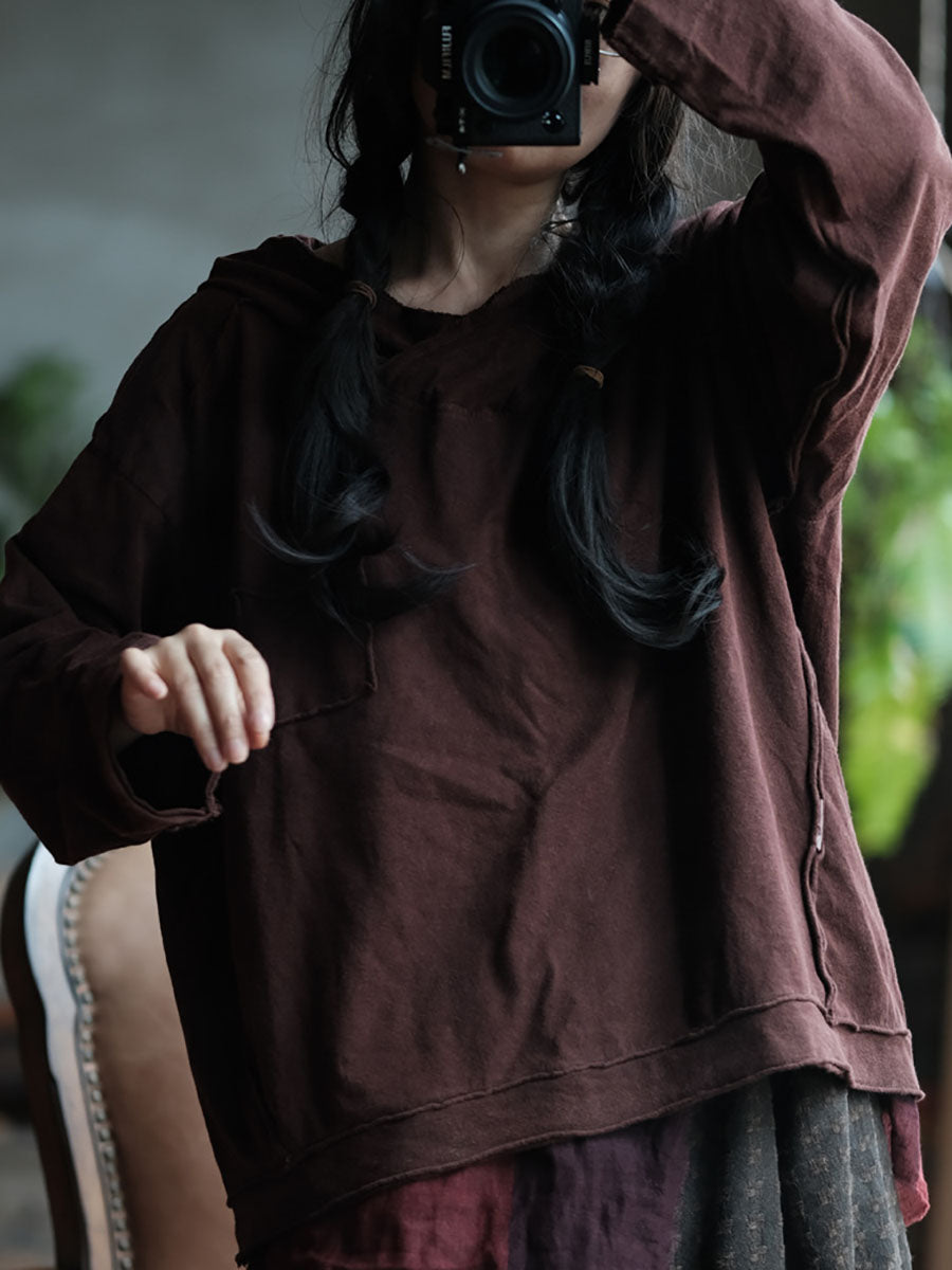 Damen Retro Gespleißtes Baumwoll-Kapuzenhemd AV1067