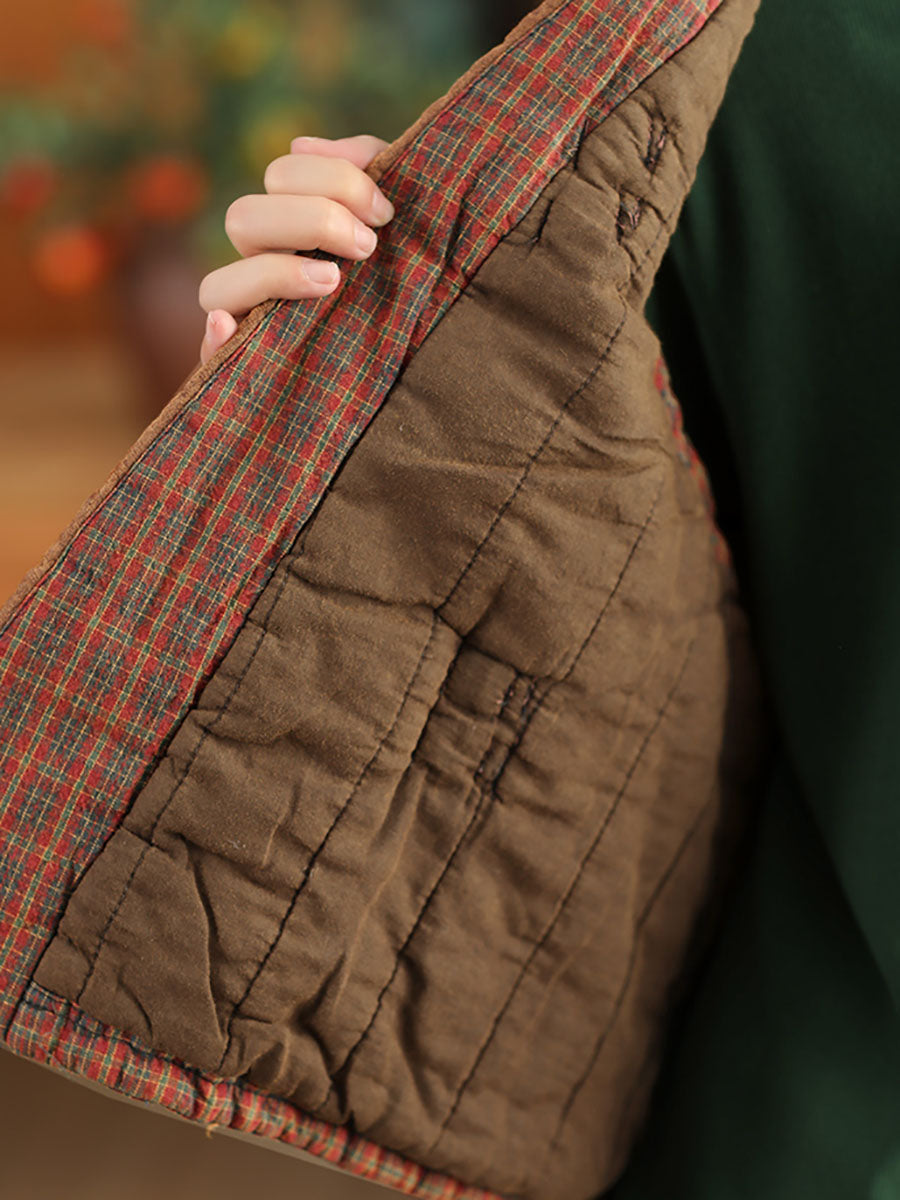 Damen Weste Mantel aus Baumwolle mit ethnischem Karomuster und Farbblockdesign, V-Ausschnitt, AV1063