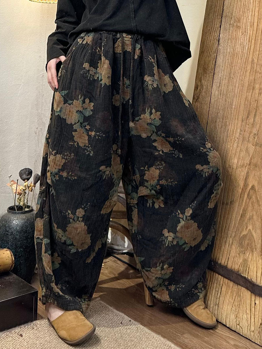 Damen Herbst Retro Blumen Baumwolle Haremshose AV1055