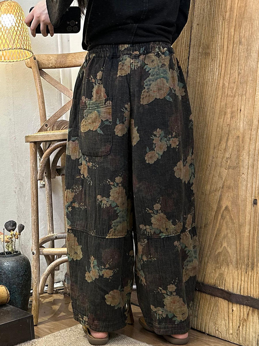 Damen Herbst Retro Blumen Baumwolle Haremshose AV1055