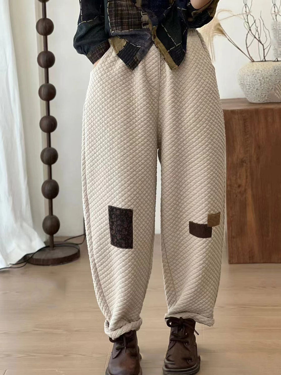Pantalon en coton épais à patchs en treillis rétro pour femme BA1007
