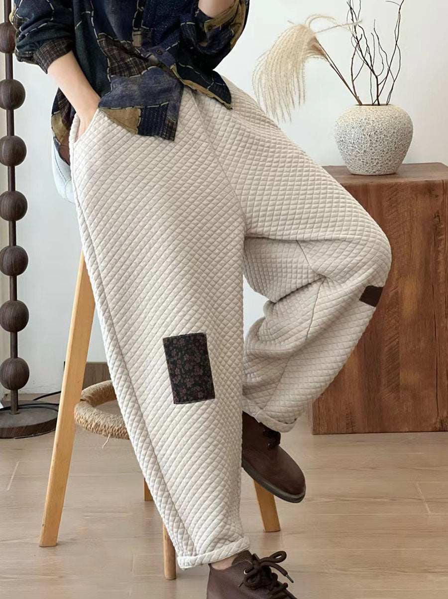 Pantalon en coton épais à patchs en treillis rétro pour femme BA1007
