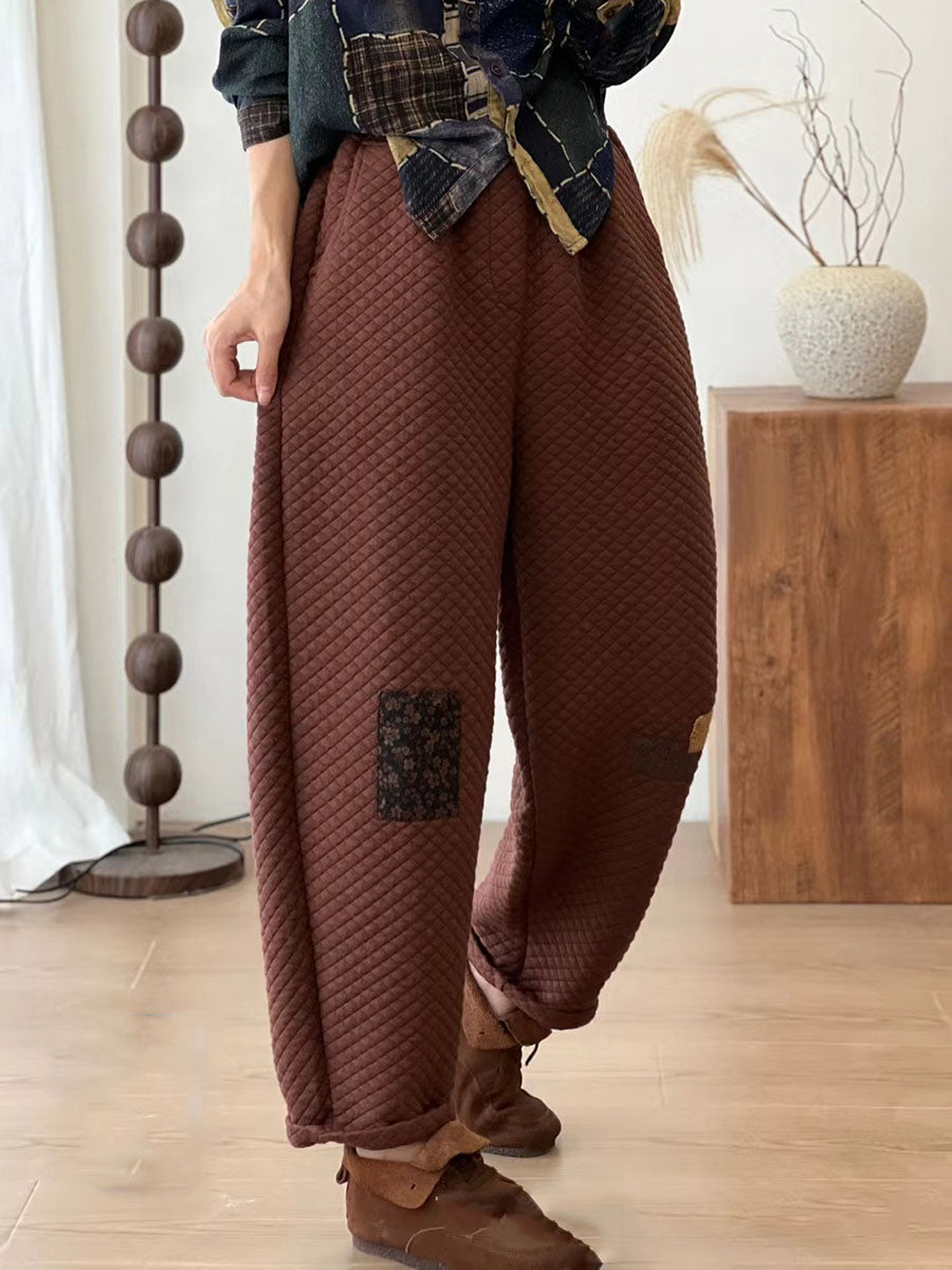 Pantalon en coton épais à patchs en treillis rétro pour femme BA1007