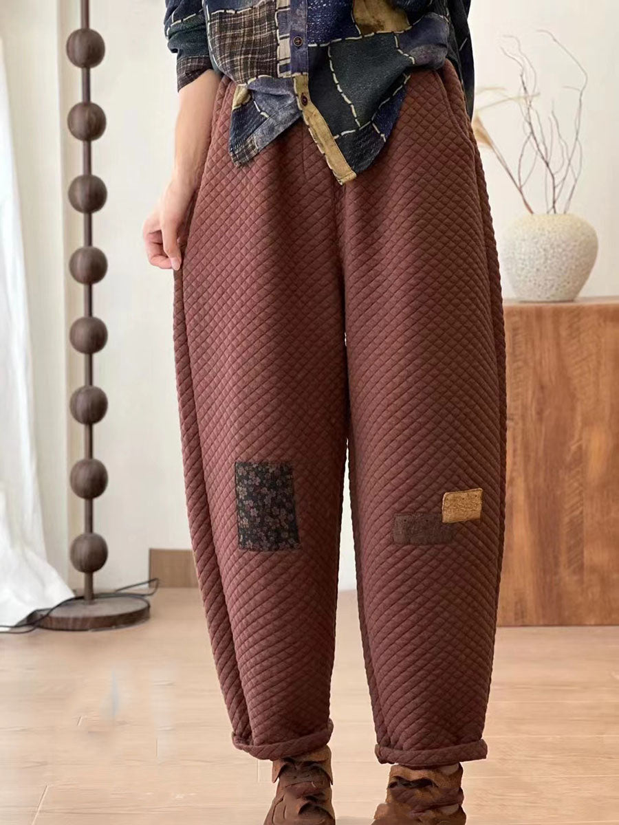 Pantalon en coton épais à patchs en treillis rétro pour femme BA1007