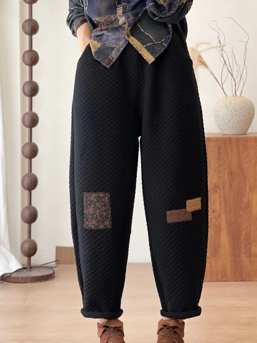 Pantalon en coton épais à patchs en treillis rétro pour femme BA1007