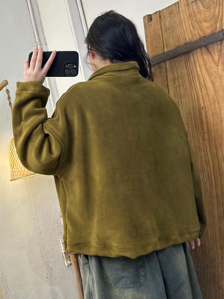 Damen Herbst Retro Solide Umlegekragen Baumwolle Sweatshirt BA1008