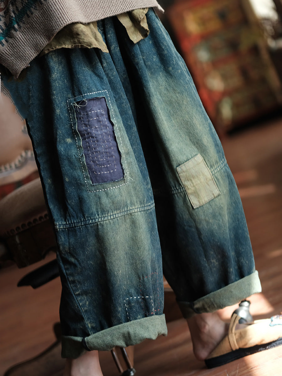 Pantalon large en denim épissé pour femme, style rétro, automne, BA1035