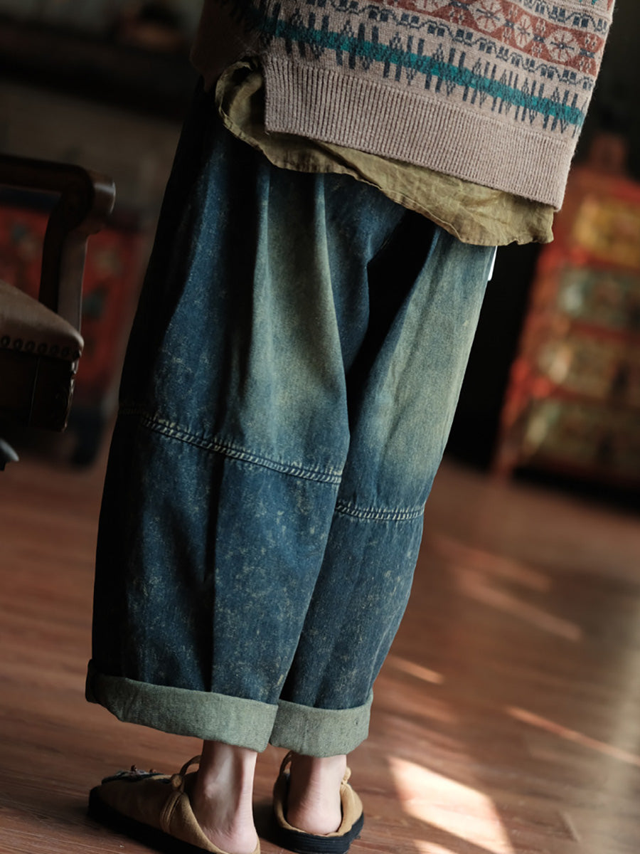 Pantalon large en denim épissé pour femme, style rétro, automne, BA1035