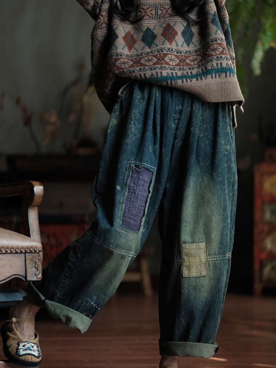 Pantalon large en denim épissé pour femme, style rétro, automne, BA1035