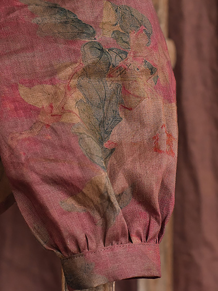 Damen Leinenhemd mit Umlegekragen und Blumenmuster im Vintage-Stil BA1075