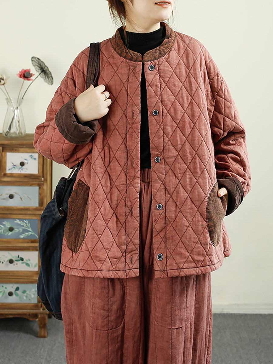 Manteau à col montant en coton à boucle colorblock rétro pour femme BA1071