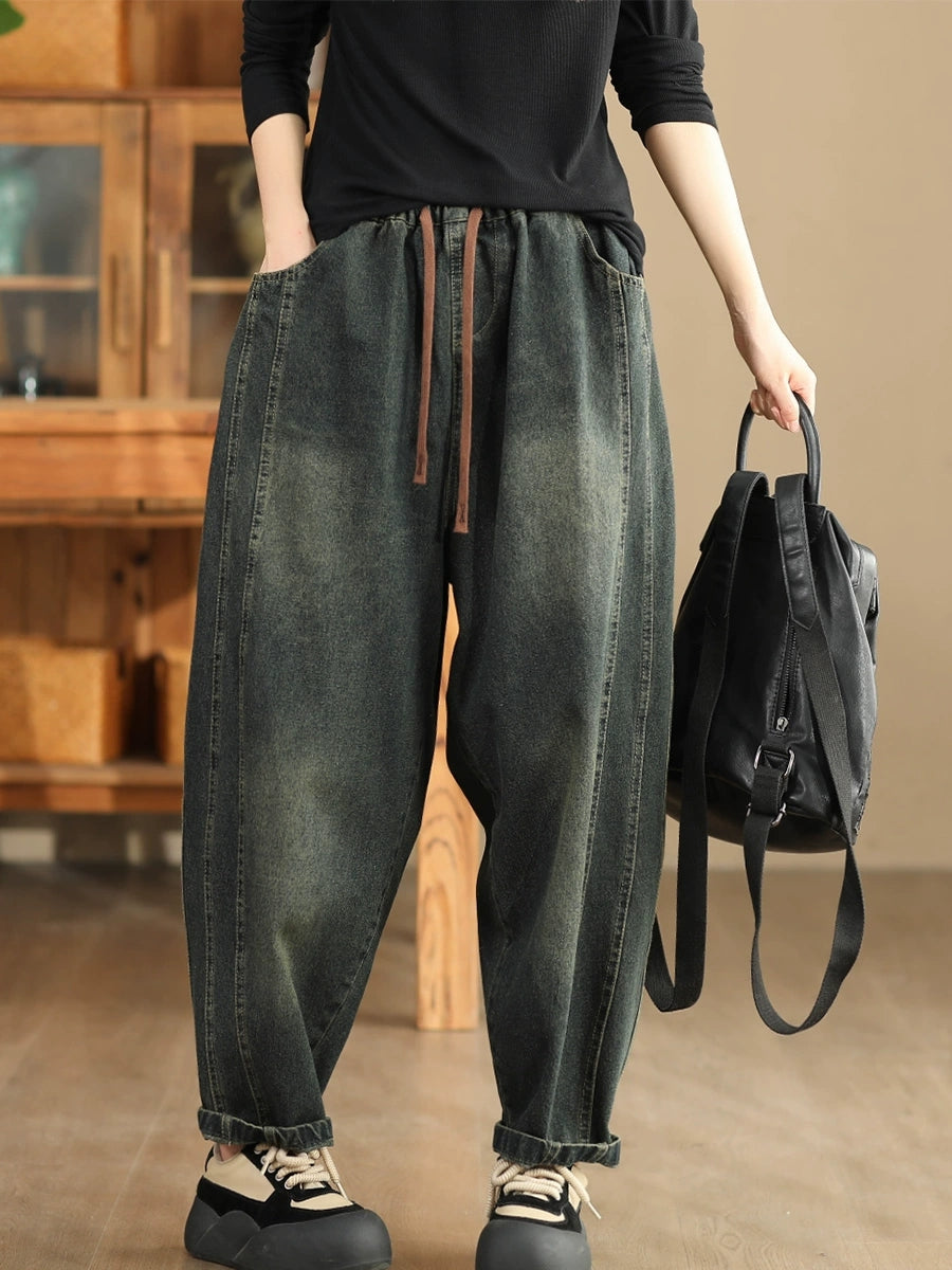 Pantalon sarouel en denim délavé épissé rétro pour femme BA1064