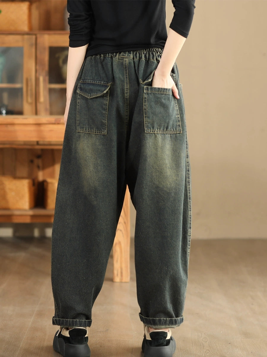 Pantalon sarouel en denim délavé épissé rétro pour femme BA1064