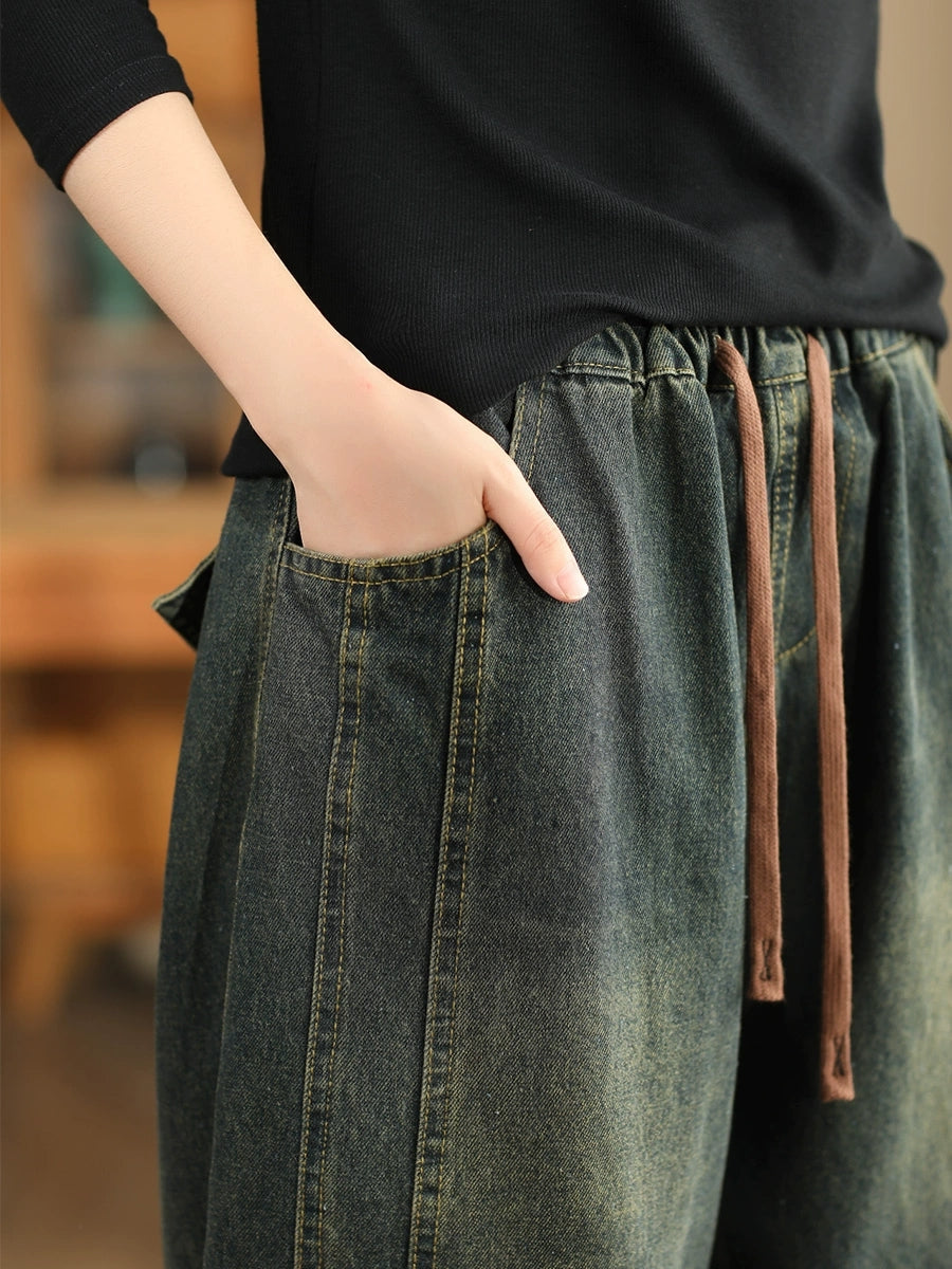 Pantalon sarouel en denim délavé épissé rétro pour femme BA1064