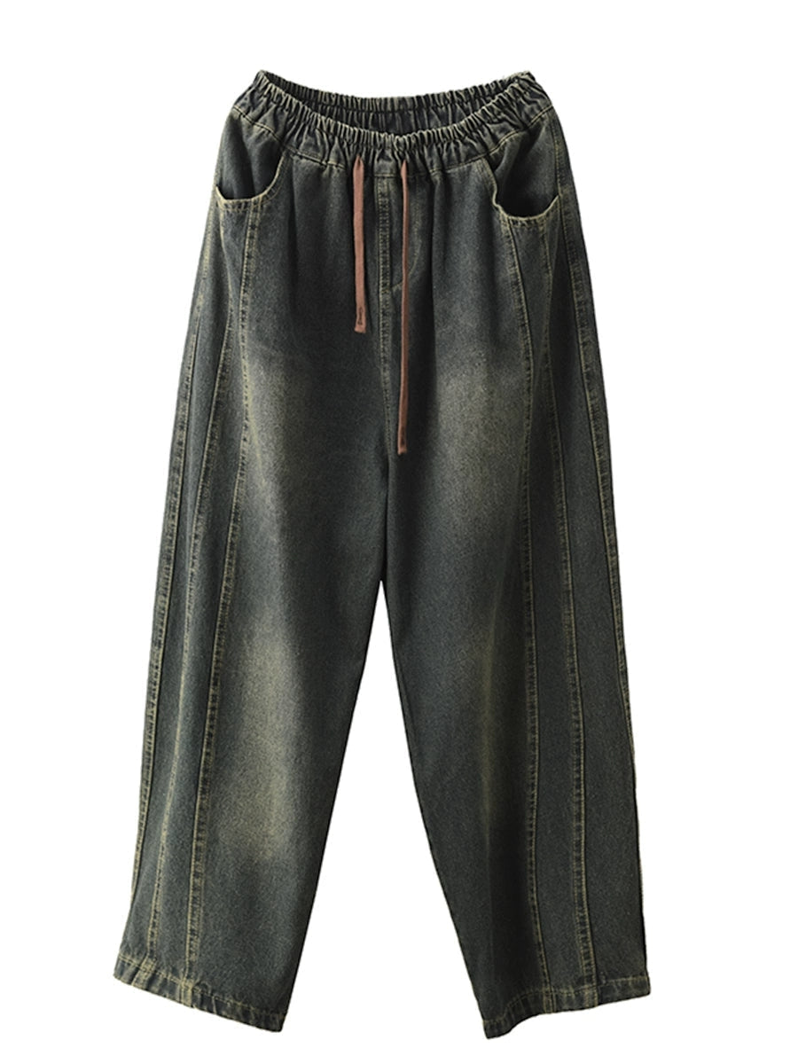 Pantalon sarouel en denim délavé épissé rétro pour femme BA1064