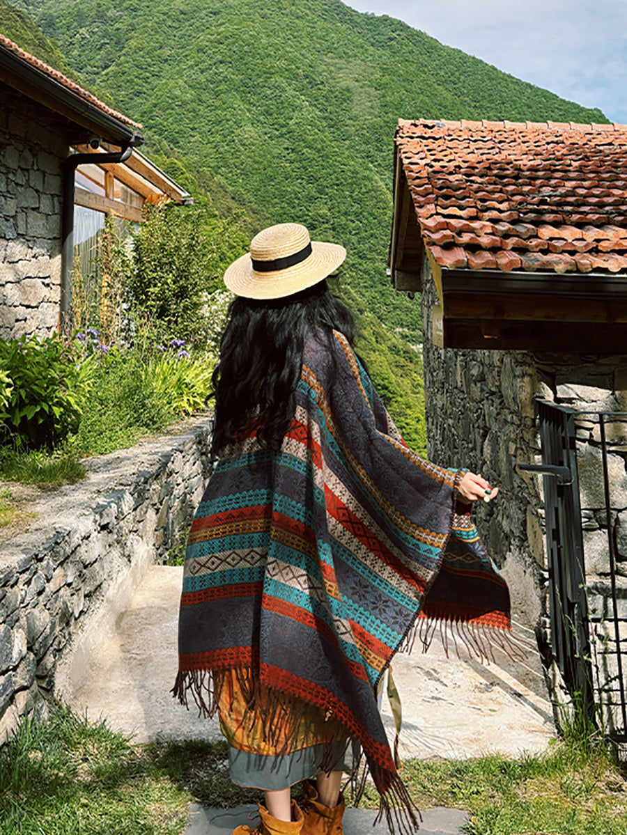 Châle à franges en tricot ethnique à rayures pour femmes QN014
