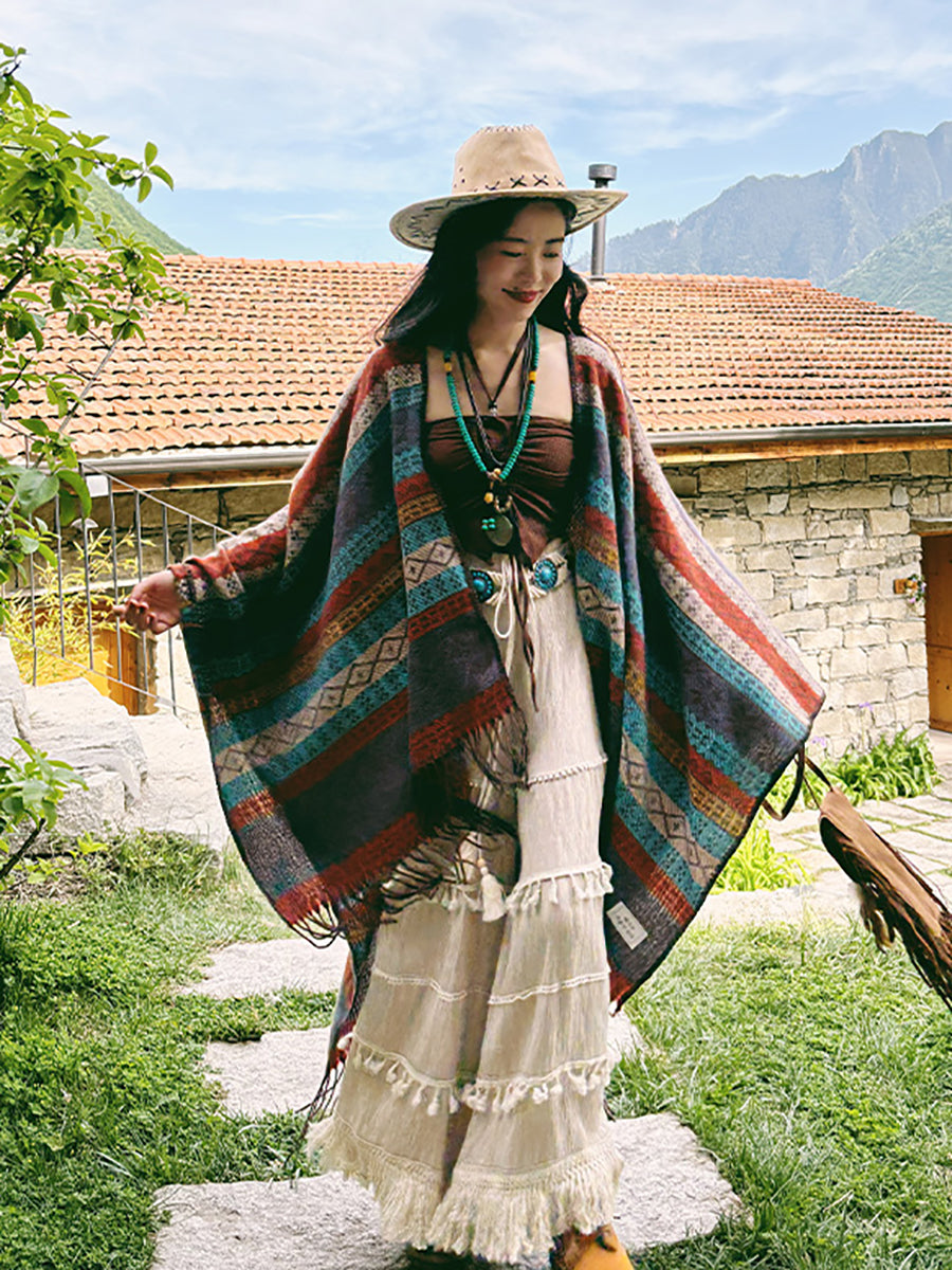 Châle à franges en tricot ethnique à rayures pour femmes QN014