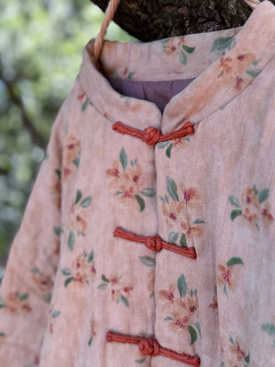 Damen Winter Vintage Floral Leinen Baumwolle Gefütterter Mantel QM012