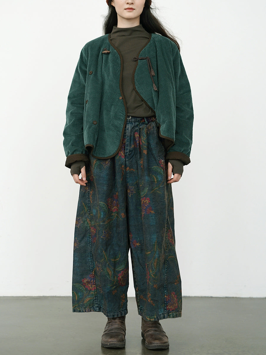 Women Vintage Autumn Solid Corduroy Padded Coat WU029