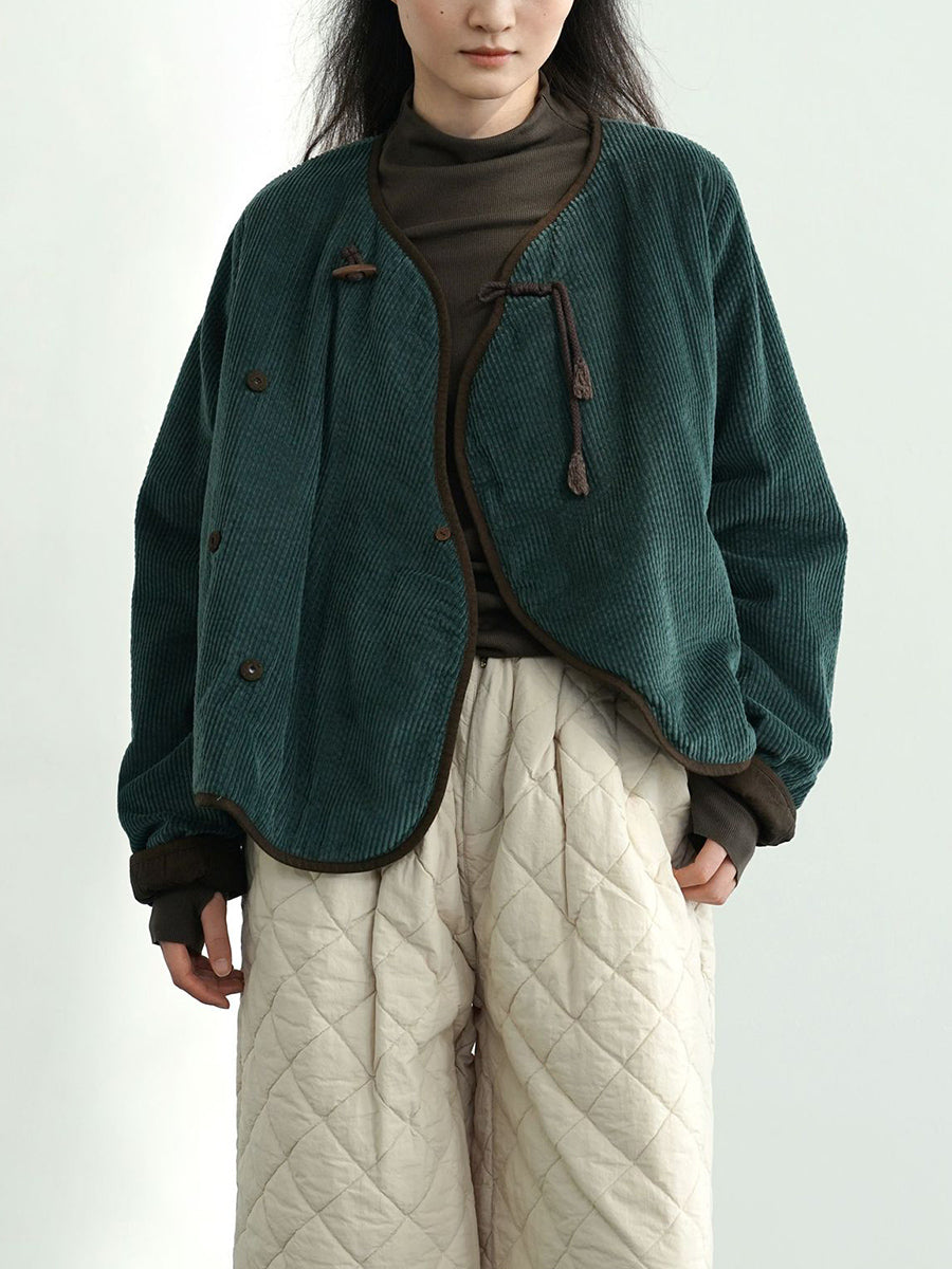 Women Vintage Autumn Solid Corduroy Padded Coat WU029