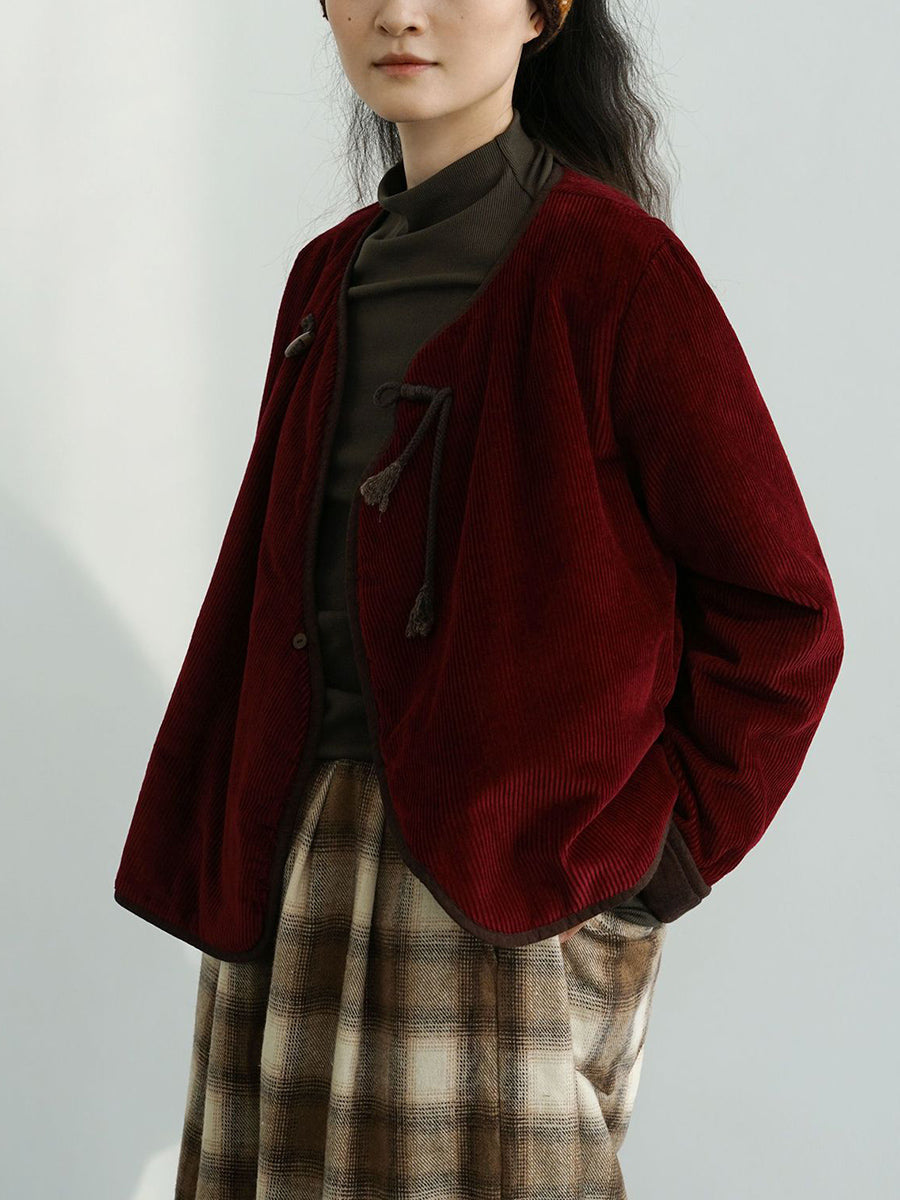 Women Vintage Autumn Solid Corduroy Padded Coat WU029