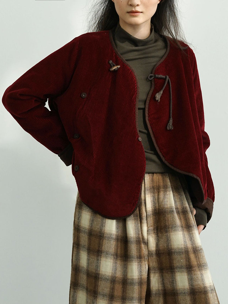 Women Vintage Autumn Solid Corduroy Padded Coat WU029