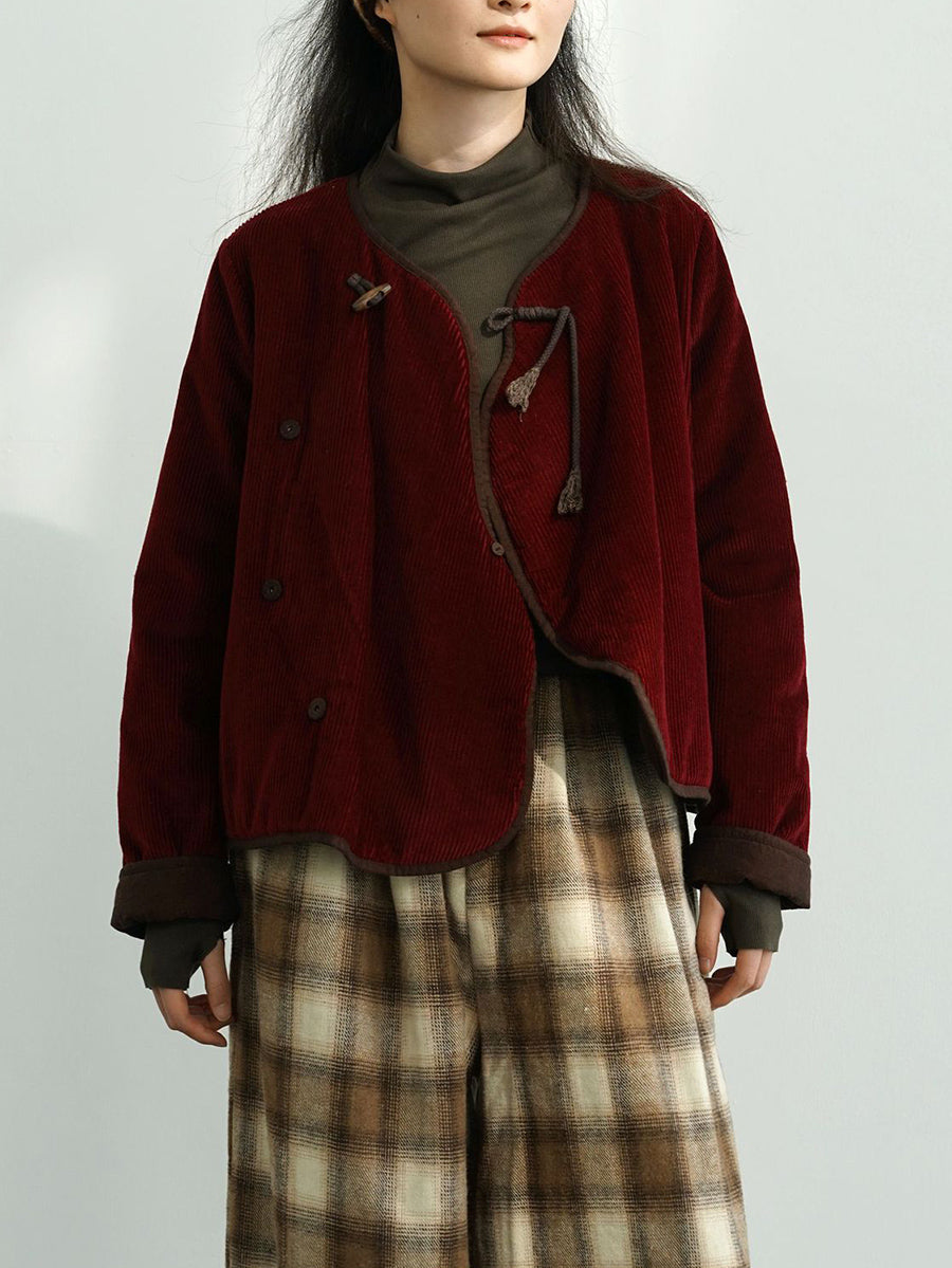 Women Vintage Autumn Solid Corduroy Padded Coat WU029