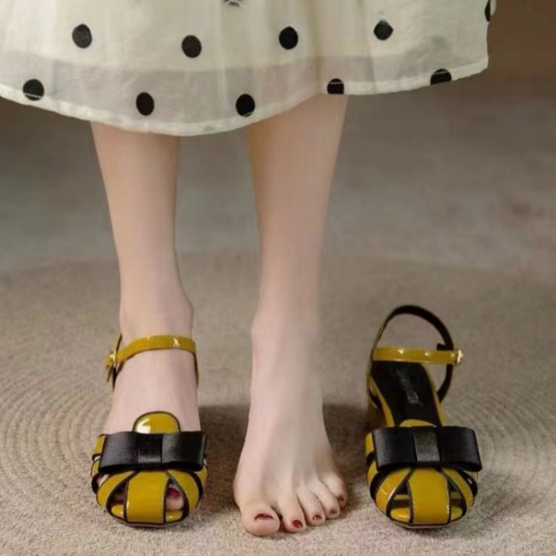Faux Leather Yellow Splicing Buckle Strap Hollow Out Sandals