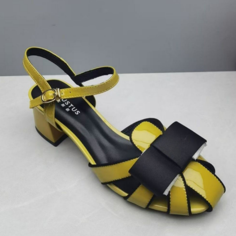Faux Leather Yellow Splicing Buckle Strap Hollow Out Sandals