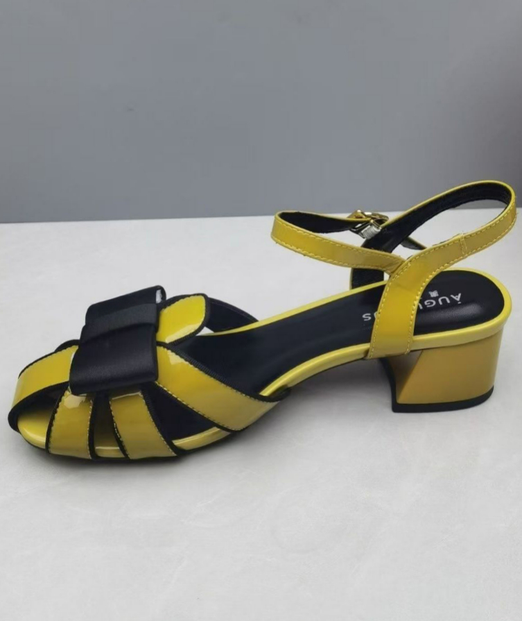 Faux Leather Yellow Splicing Buckle Strap Hollow Out Sandals