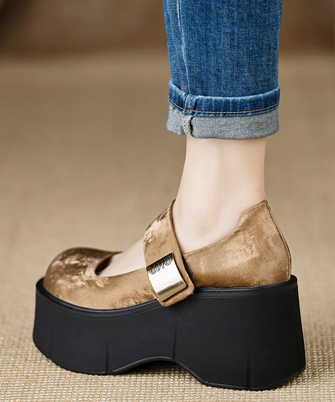 Satin High Strap Splicing 2025 Buckle Heels Brown Wedge New