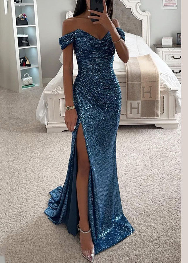 2025 Neues Champagner-Partykleid mit seitlichem Schlitz und Pailletten TL001